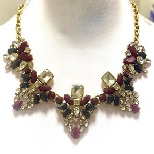 J.Crew Statement Necklace | Burgundy, Black & Crystal Cluster Design Gold Chain